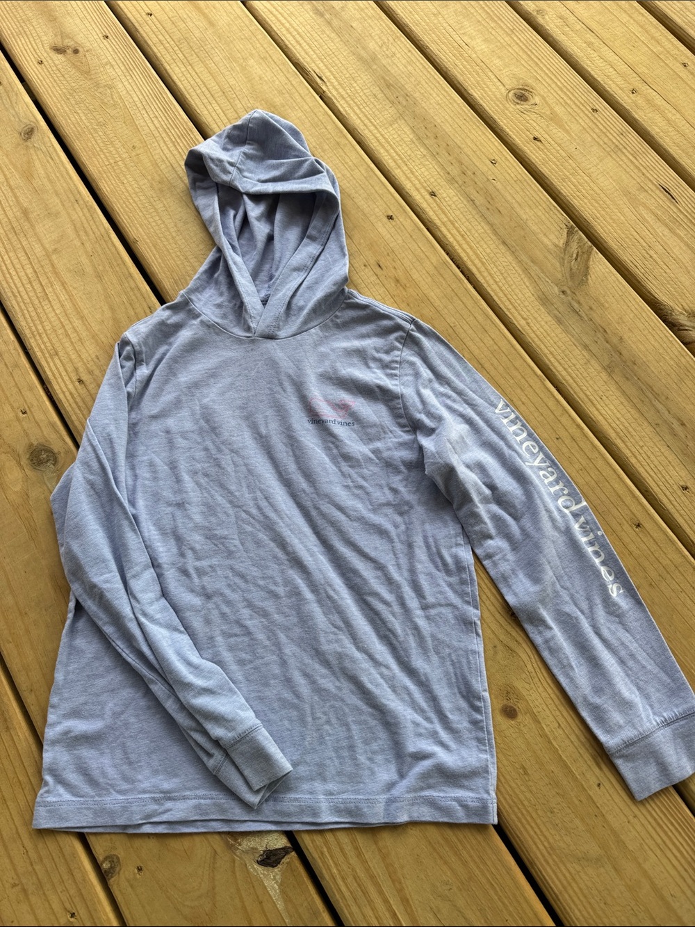 Girls 7 Vineyard Vines Light Blue Hooded Long Sleeve Shirt with Pink Whale Logo